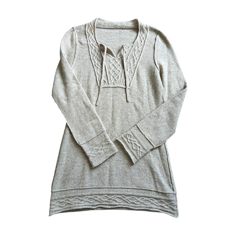 Peruvian Connection Women's Beige Alpaca Cable Knit Drawstring V-Neck Sweater S